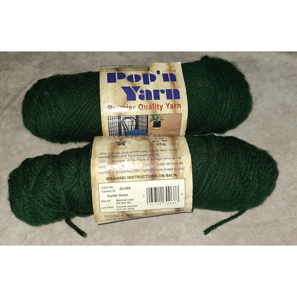 Vintage Pop'N Yarn Hunter Green 100% Acrylic Yarn 4ply Worsted Lot of 2 Skeins